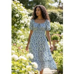 Hint of Blush Blue Floral Smocked Tiered Midi Dress Puff Sleeve Cottagecore Boho